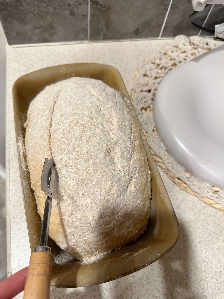 bread dough in loaf pan being scored before baking