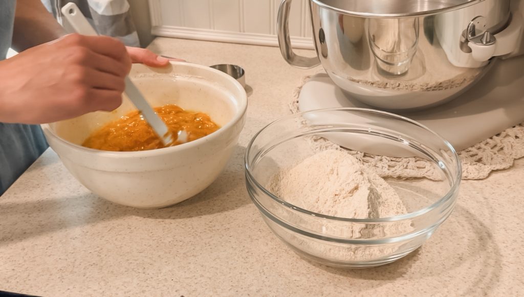 wet pumpkin muffin ingredients being mixed with spatula in mixing bowl setting on counter beside dry pumpkin muffin ingredients in separate bowl both beside stand mixer